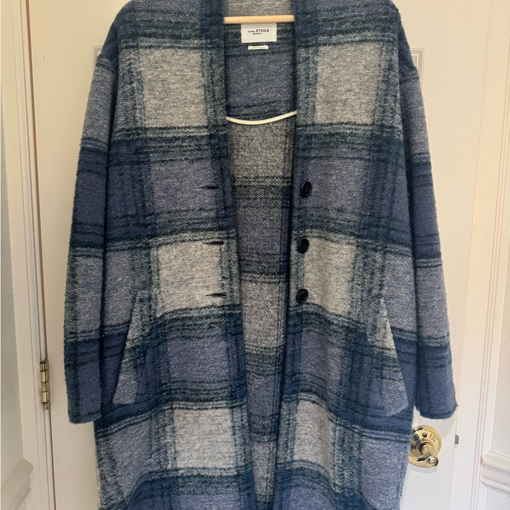 Isabel Marant Etoile Gabriel Blanket Coat Blue and Gray Plaid Cardigan